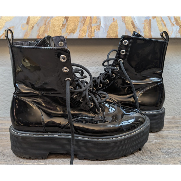H&M Divided Black Patent Platform Combat Boots Womens 7 Chunky Goth Grunge Y2K - Picture 6 of 8